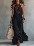 Vestito lungo bohemiano nero senza maniche con bordi in pizzo