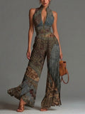 Tuta in chiffon a gamba larga senza maniche, stampa etnica bohemiana, con cerniera e pieghe