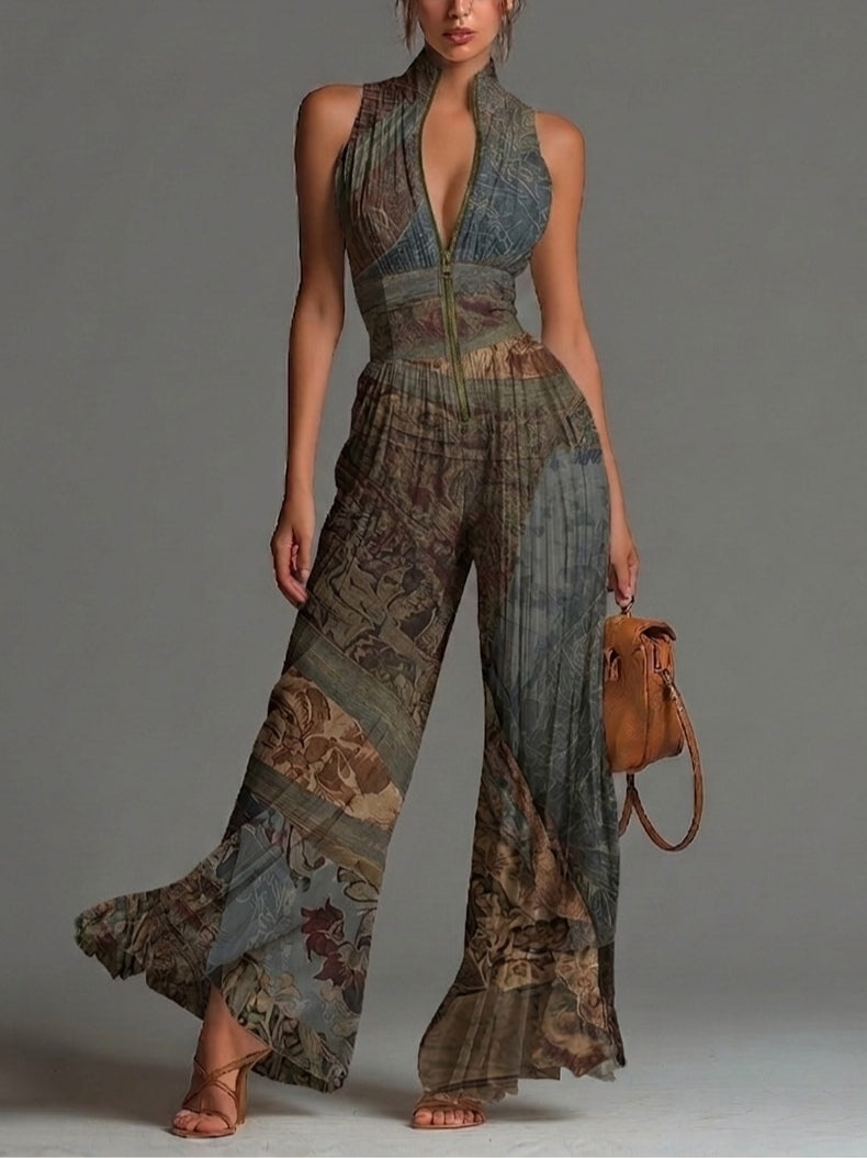 Tuta in chiffon a gamba larga senza maniche, stampa etnica bohemiana, con cerniera e pieghe