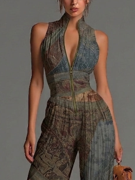 Tuta in chiffon a gamba larga senza maniche, stampa etnica bohemiana, con cerniera e pieghe
