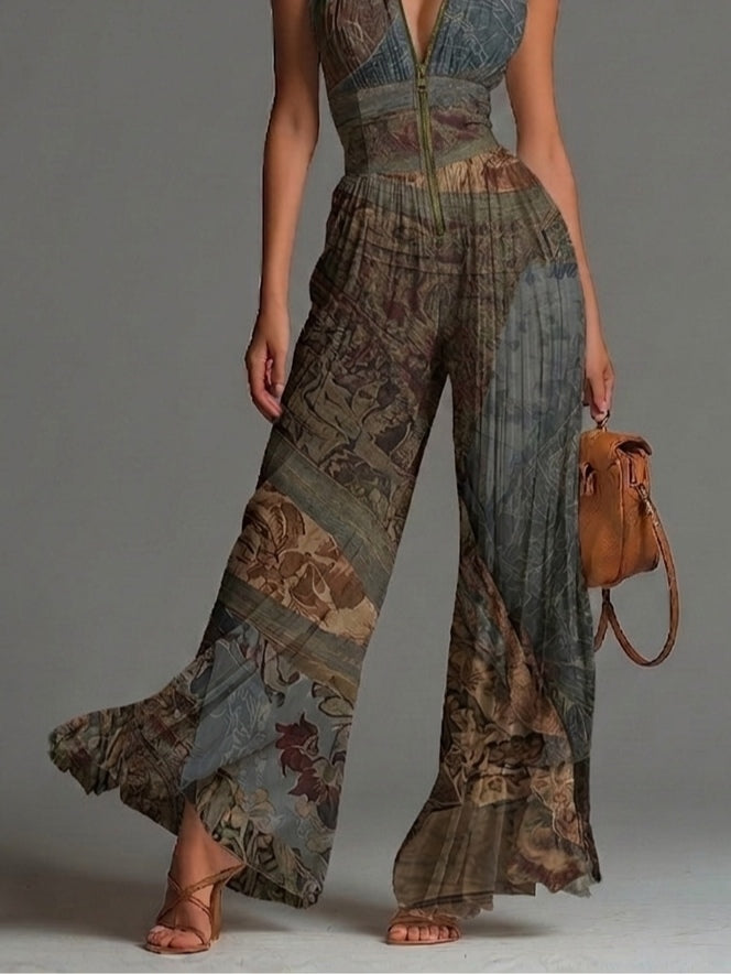 Tuta in chiffon a gamba larga senza maniche, stampa etnica bohemiana, con cerniera e pieghe