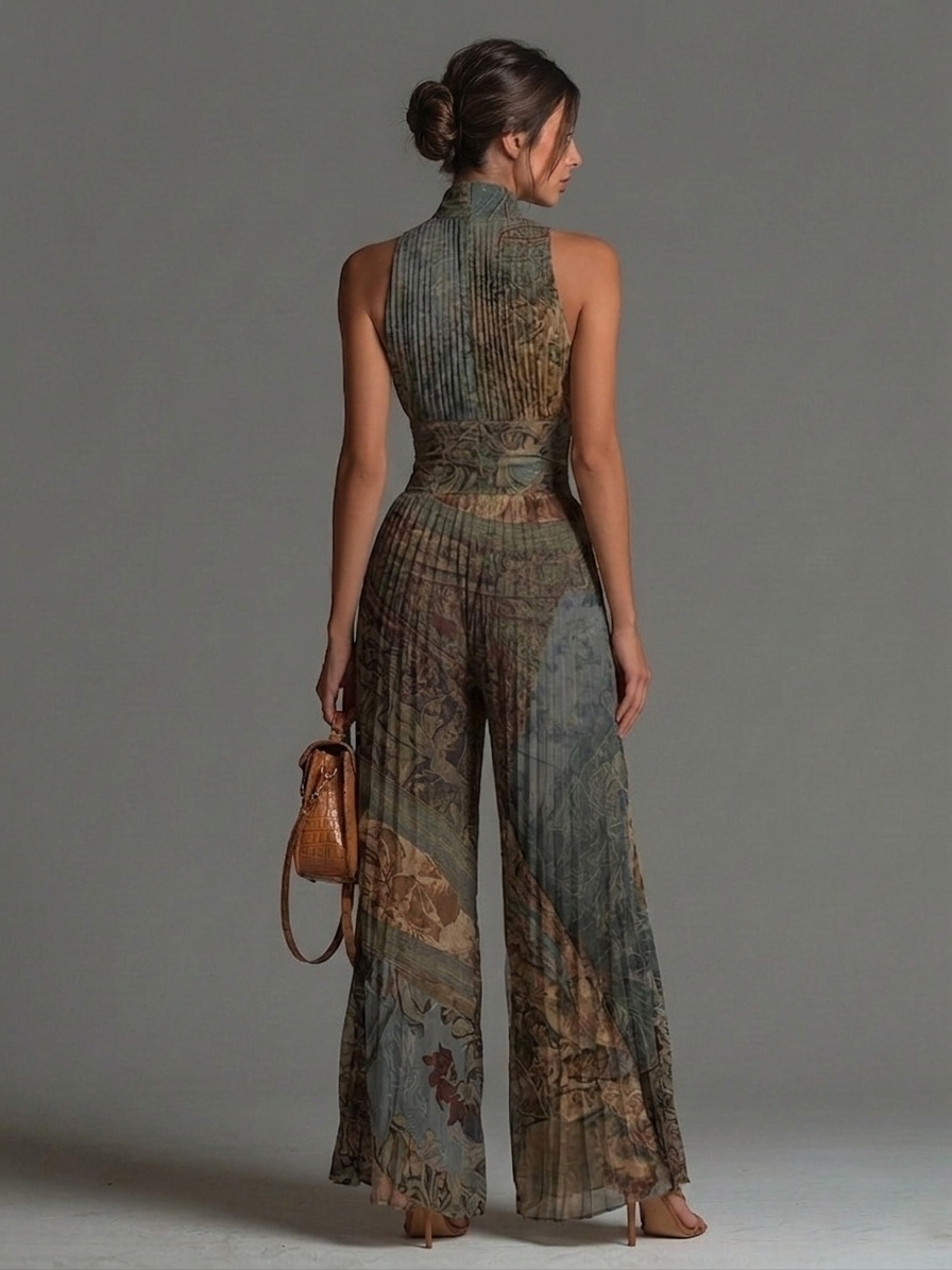 Tuta in chiffon a gamba larga senza maniche, stampa etnica bohemiana, con cerniera e pieghe