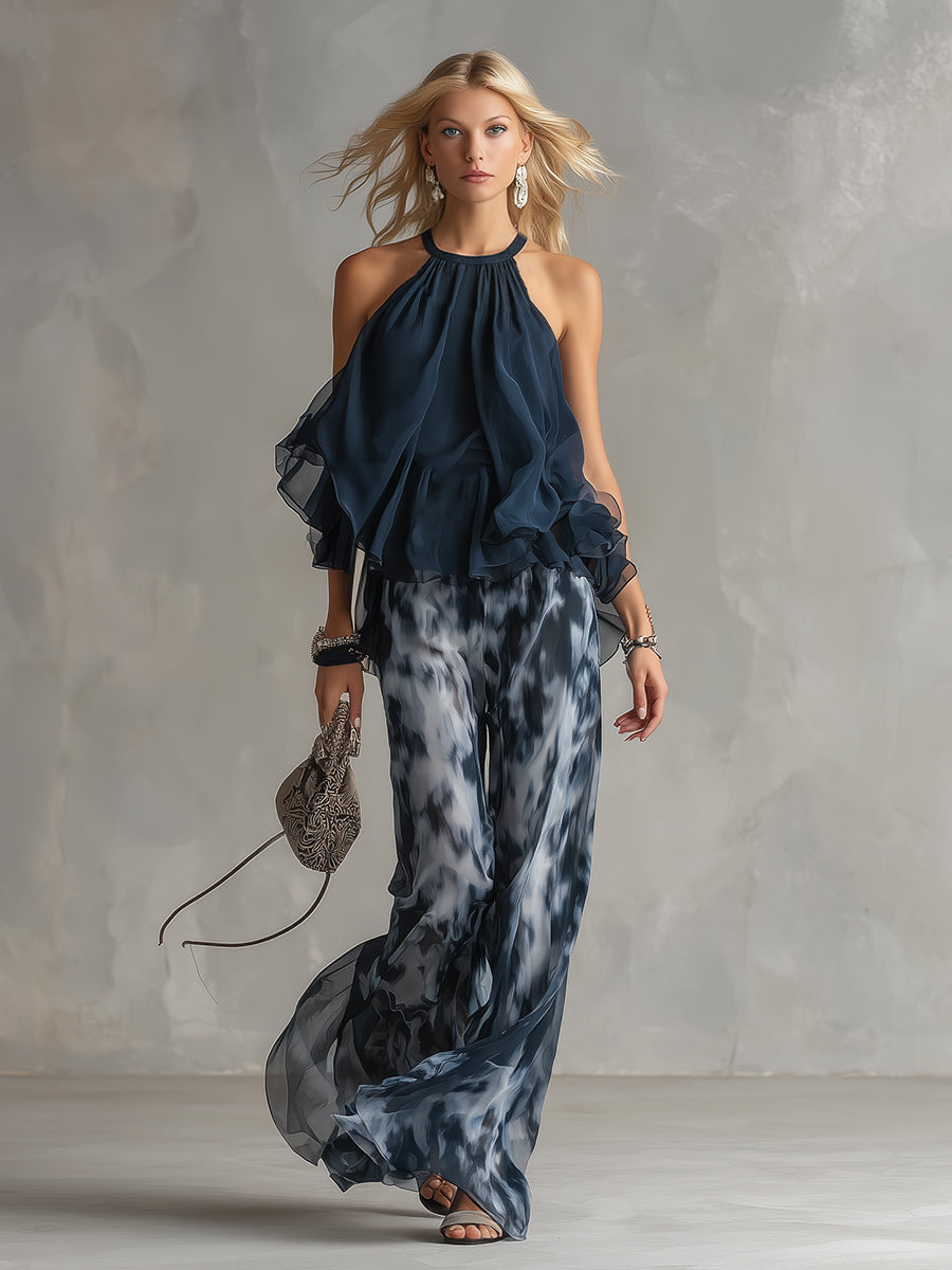 Ludovica | Top halter blu navy alla moda e set stampato con pantaloni a gamba larga