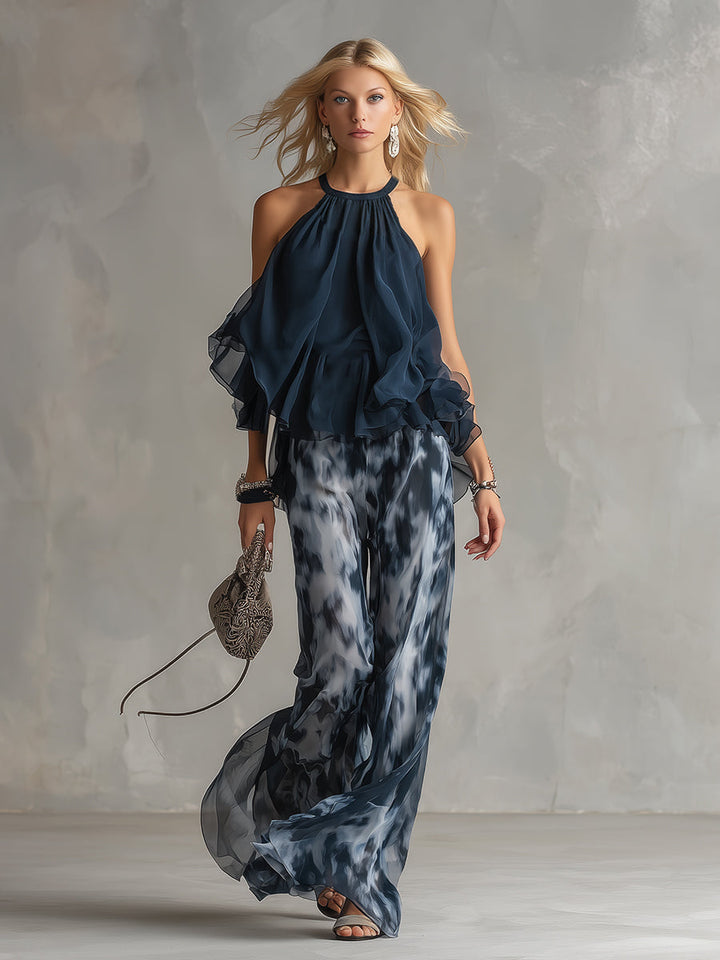 Ludovica – Set in chiffon elegante con top a collo alto e pantaloni a gamba ampia stampati • S1