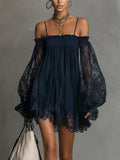 Noemi | vestito mini in chiffon blu navy con scollatura a spalle scoperte, bordo in pizzo e maniche trasparenti
