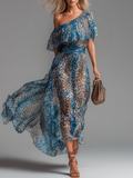 Wild - Abito lungo in chiffon con stampa leopardata e spalle scoperte