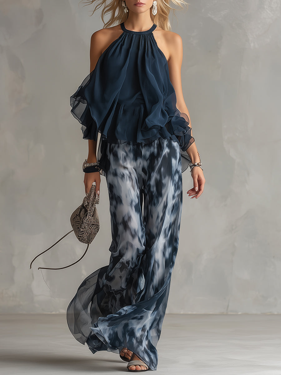 Ludovica | Top halter blu navy alla moda e set stampato con pantaloni a gamba larga