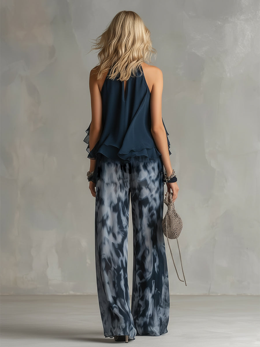 Ludovica | Top halter blu navy alla moda e set stampato con pantaloni a gamba larga