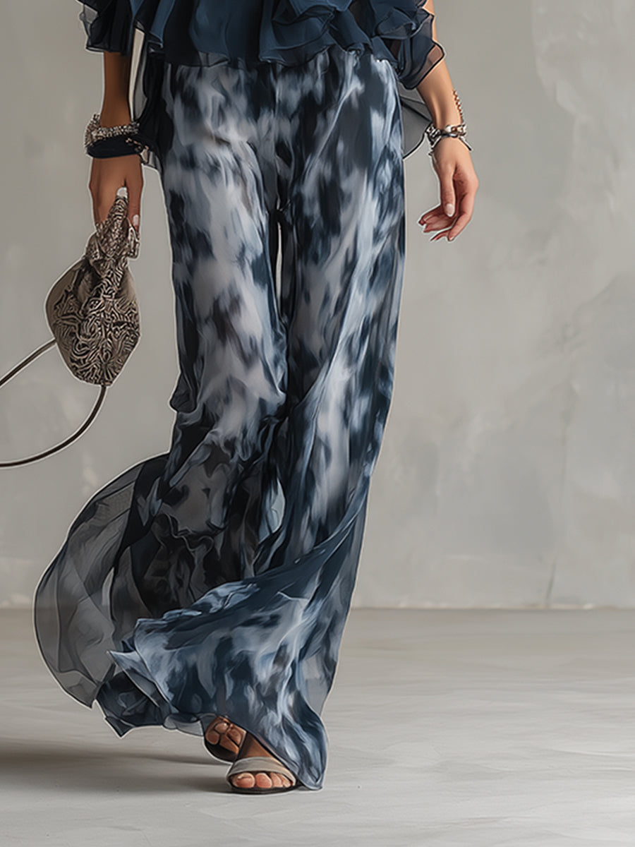 Ludovica | Top halter blu navy alla moda e set stampato con pantaloni a gamba larga