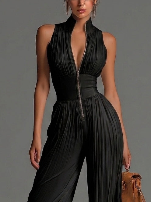 Tuta in chiffon nera con scollo a V, senza maniche, zip frontale, a pieghe, pantaloni palazzo