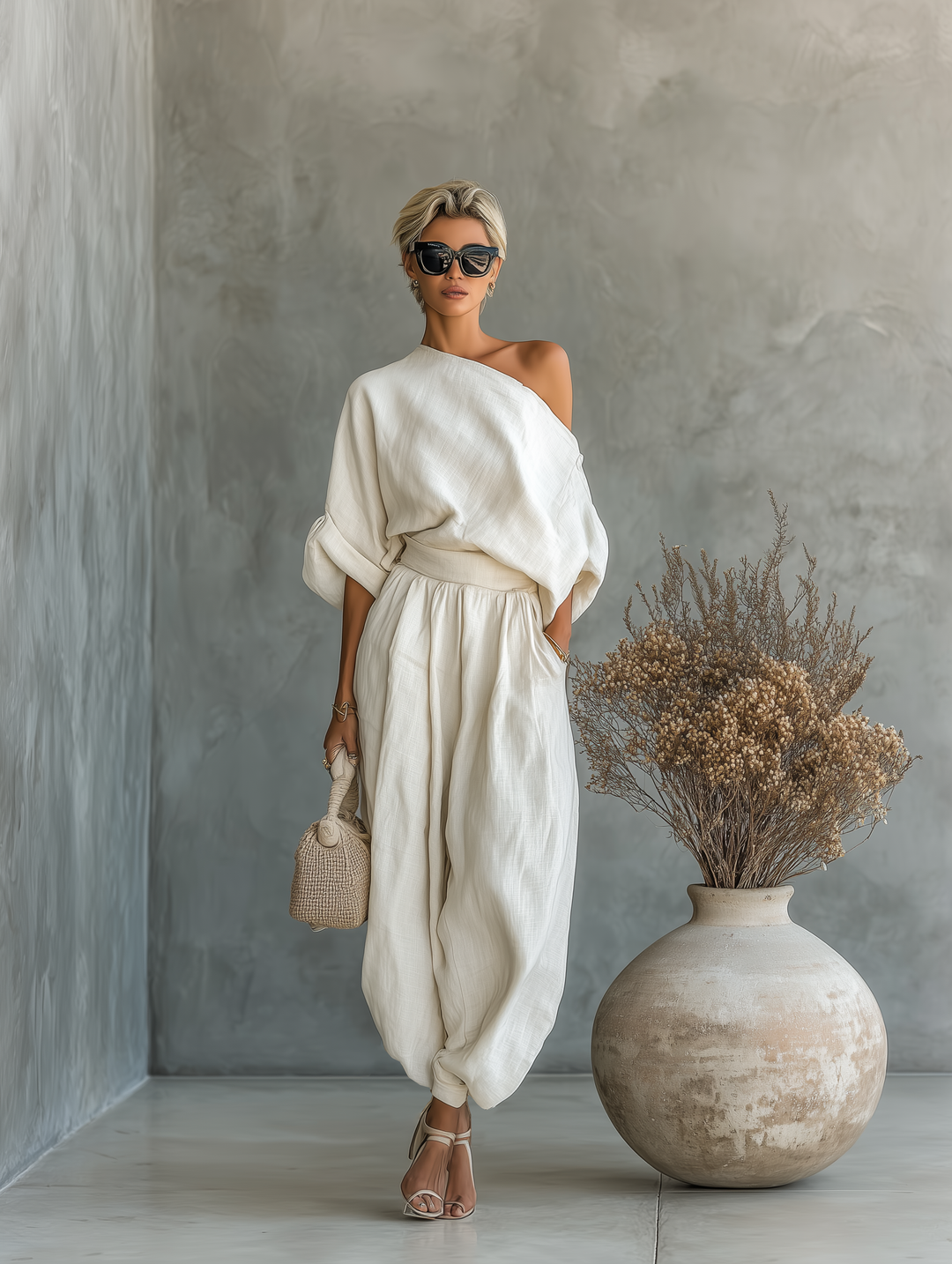 Completo in lino avorio da donna con top a spalle scoperte e pantaloni a gamba affusolata • S1