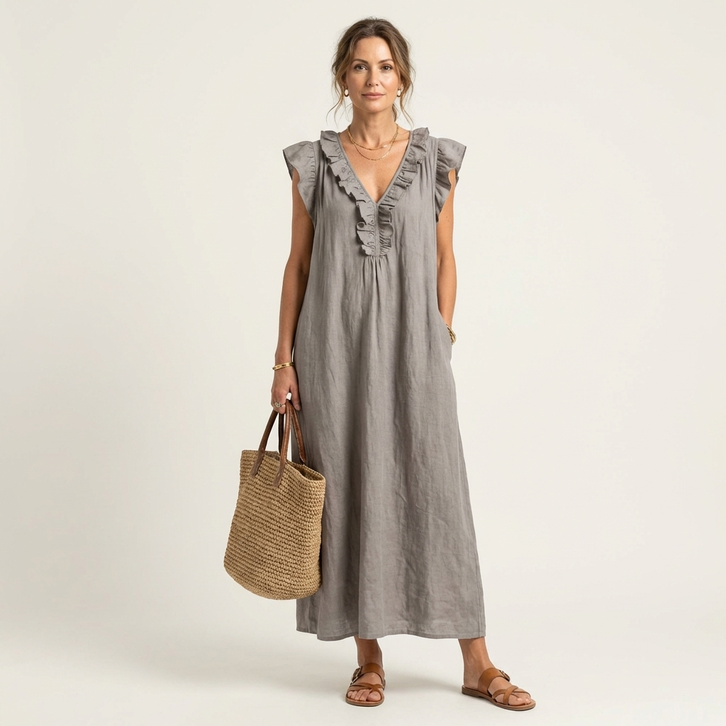 Josette | Abito lungo in lino con scollo a V e volant
