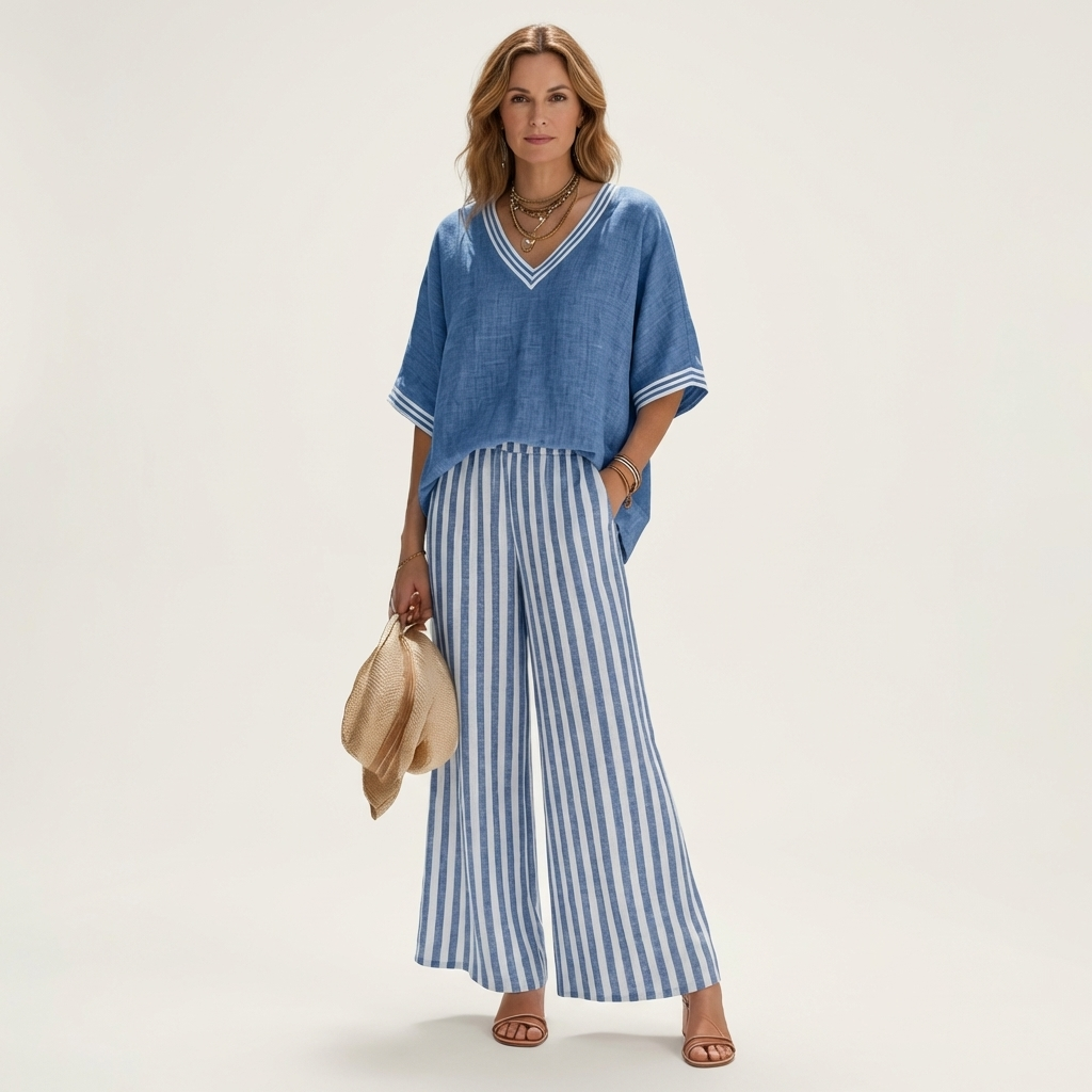Juliana | Top con scollo a V in stile varsity e set composto da pantaloni a gamba larga a righe