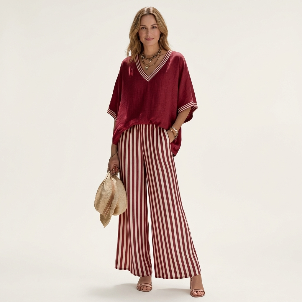 Juliana | Top con scollo a V in stile varsity e set composto da pantaloni a gamba larga a righe