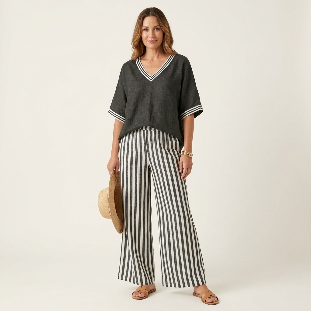 Juliana | Top con scollo a V in stile varsity e set composto da pantaloni a gamba larga a righe