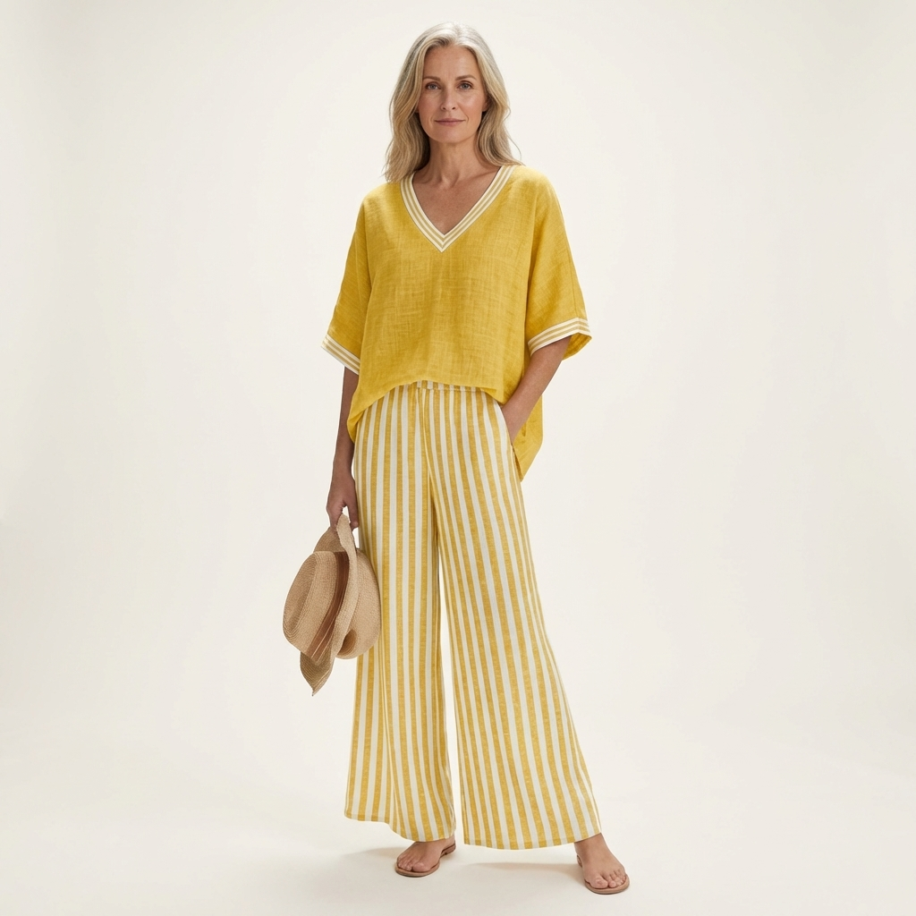 Juliana | Top con scollo a V in stile varsity e set composto da pantaloni a gamba larga a righe