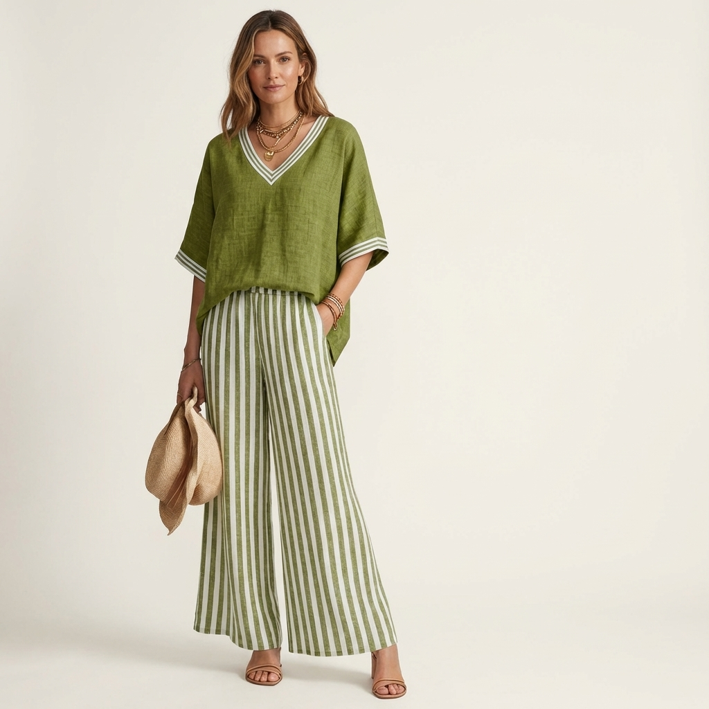 Juliana | Top con scollo a V in stile varsity e set composto da pantaloni a gamba larga a righe