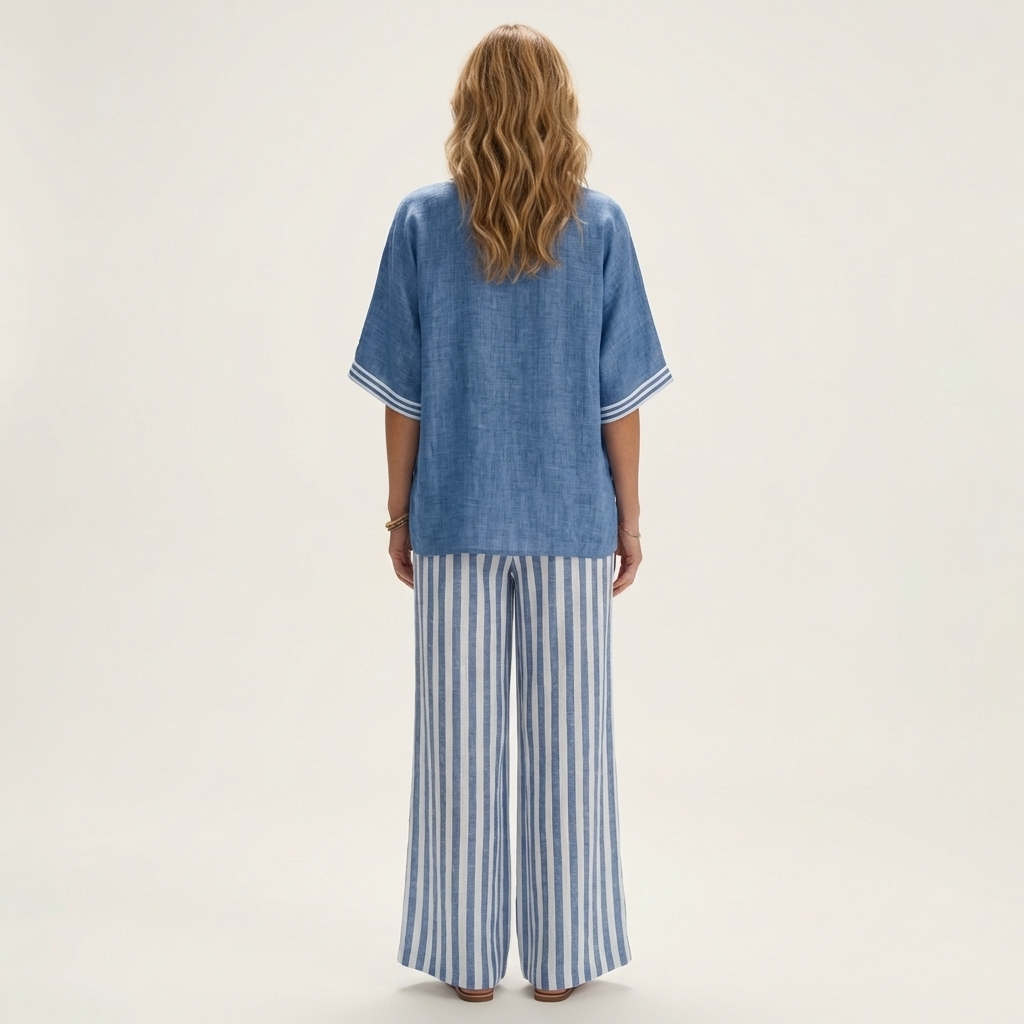 Juliana | Top con scollo a V in stile varsity e set composto da pantaloni a gamba larga a righe