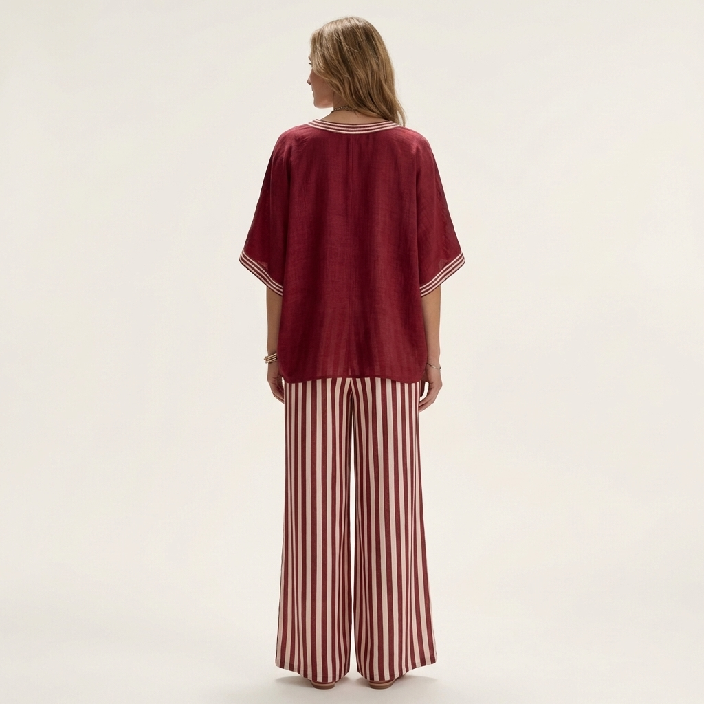 Juliana | Top con scollo a V in stile varsity e set composto da pantaloni a gamba larga a righe