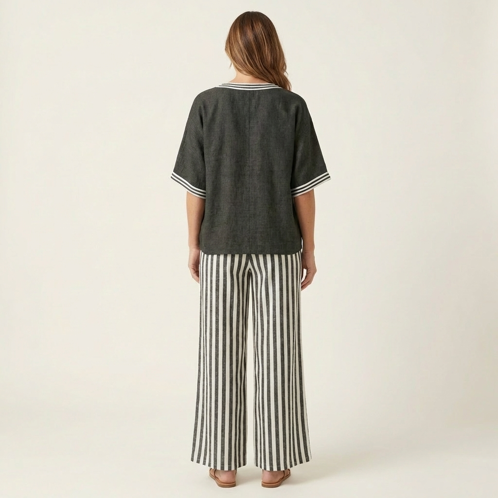 Juliana | Top con scollo a V in stile varsity e set composto da pantaloni a gamba larga a righe