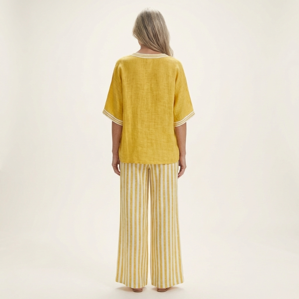 Juliana | Top con scollo a V in stile varsity e set composto da pantaloni a gamba larga a righe