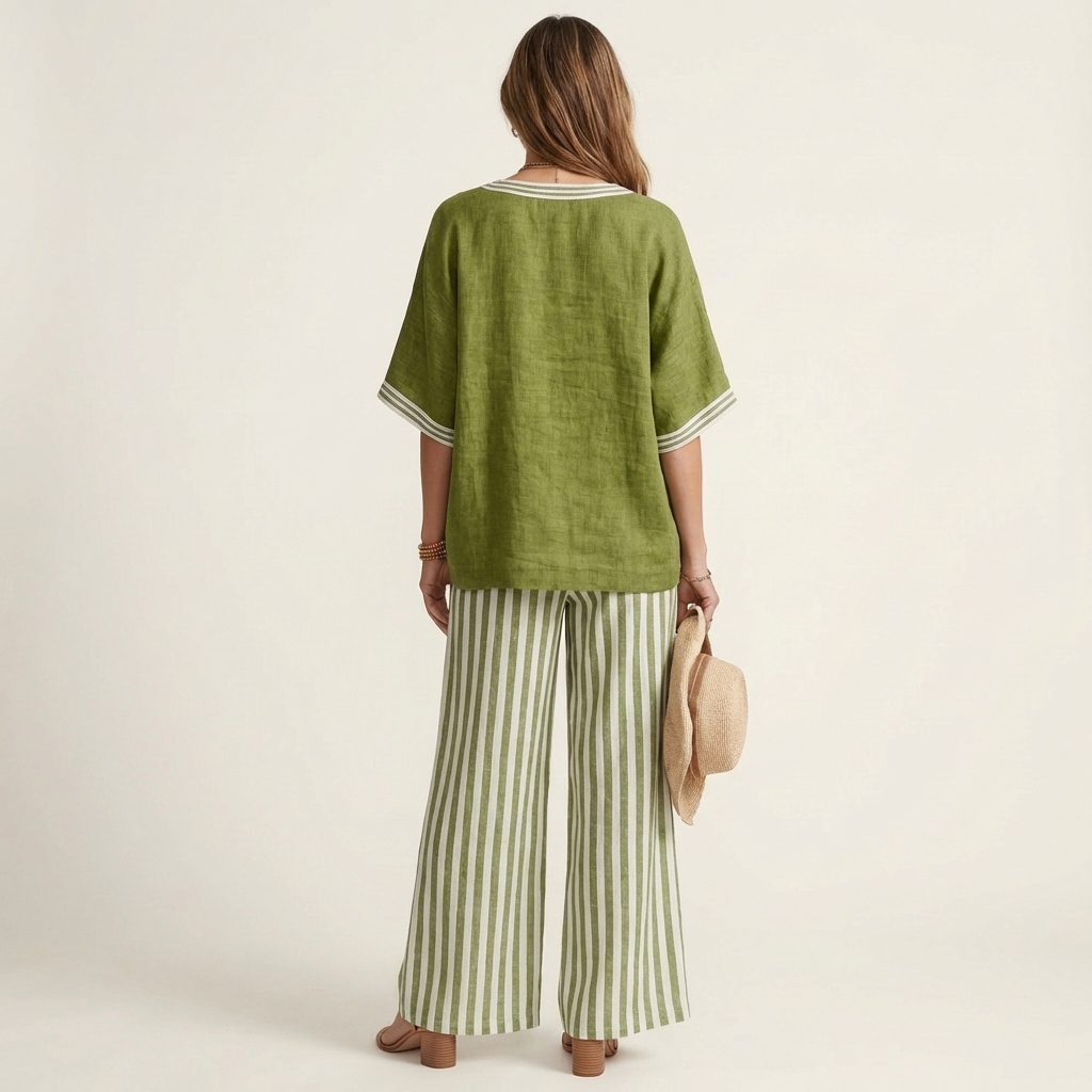 Juliana | Top con scollo a V in stile varsity e set composto da pantaloni a gamba larga a righe