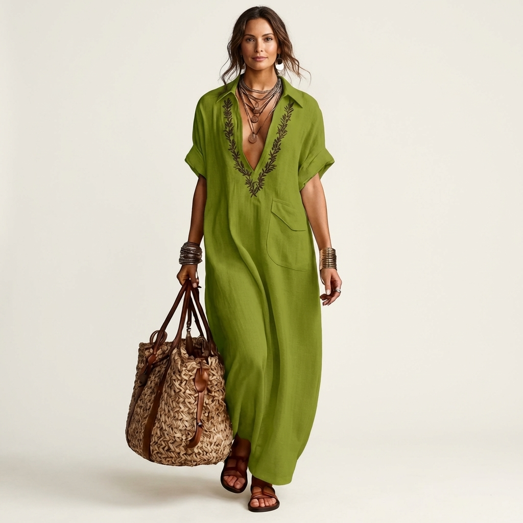 Amarina | Vestito maxi in lino ricamato con scollatura a V
