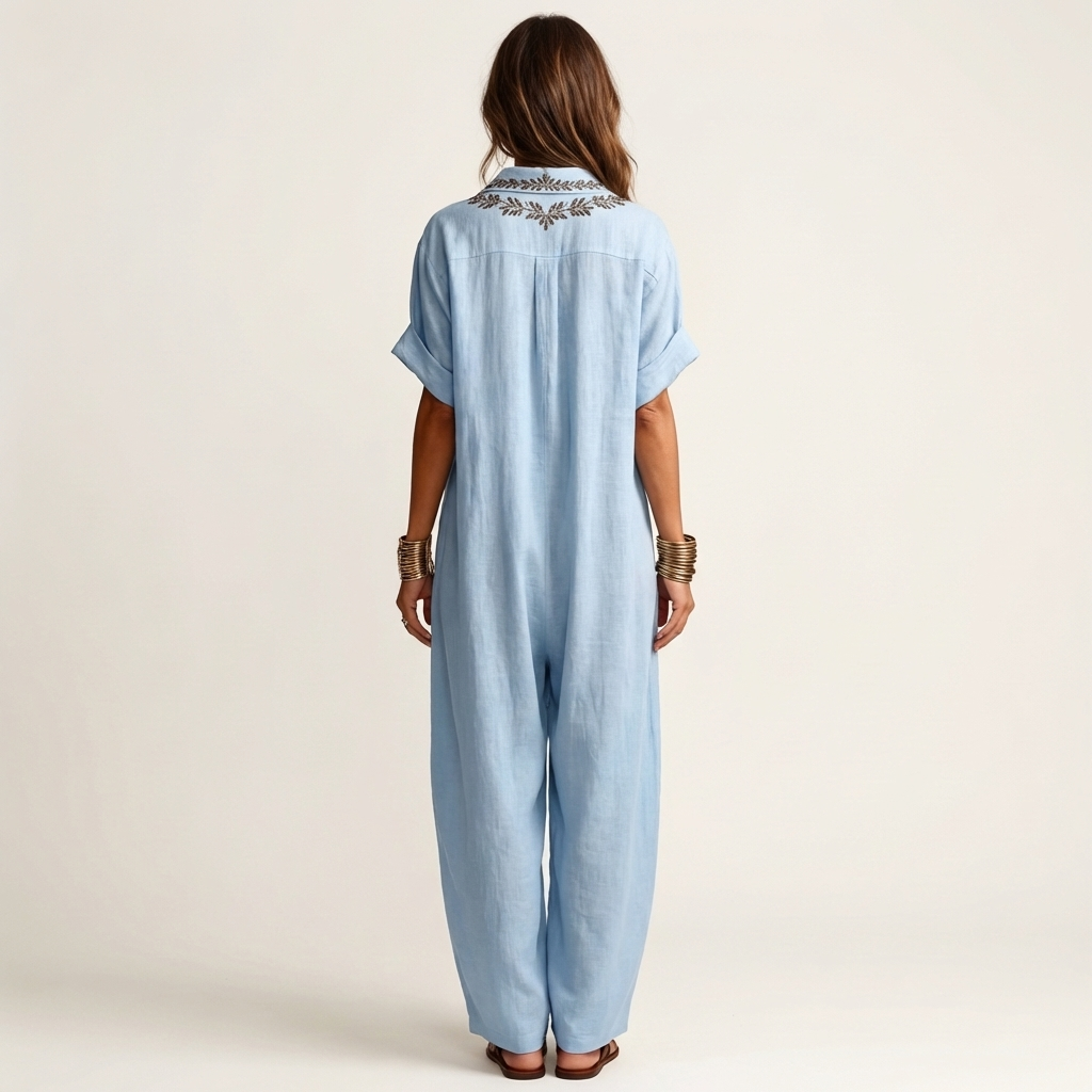 Amarina | Vestito maxi in lino ricamato con scollatura a V