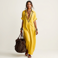 Amarina | Vestito maxi in lino ricamato con scollatura a V
