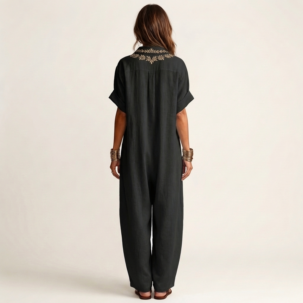 Amarina | Vestito maxi in lino ricamato con scollatura a V