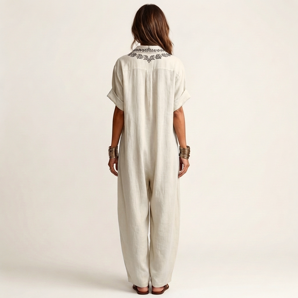 Amarina | Vestito maxi in lino ricamato con scollatura a V