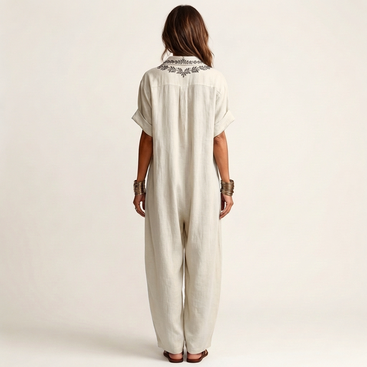 Amarina | Vestito maxi in lino ricamato con scollatura a V