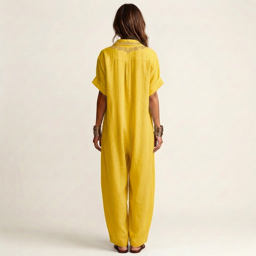 Amarina | Vestito maxi in lino ricamato con scollatura a V