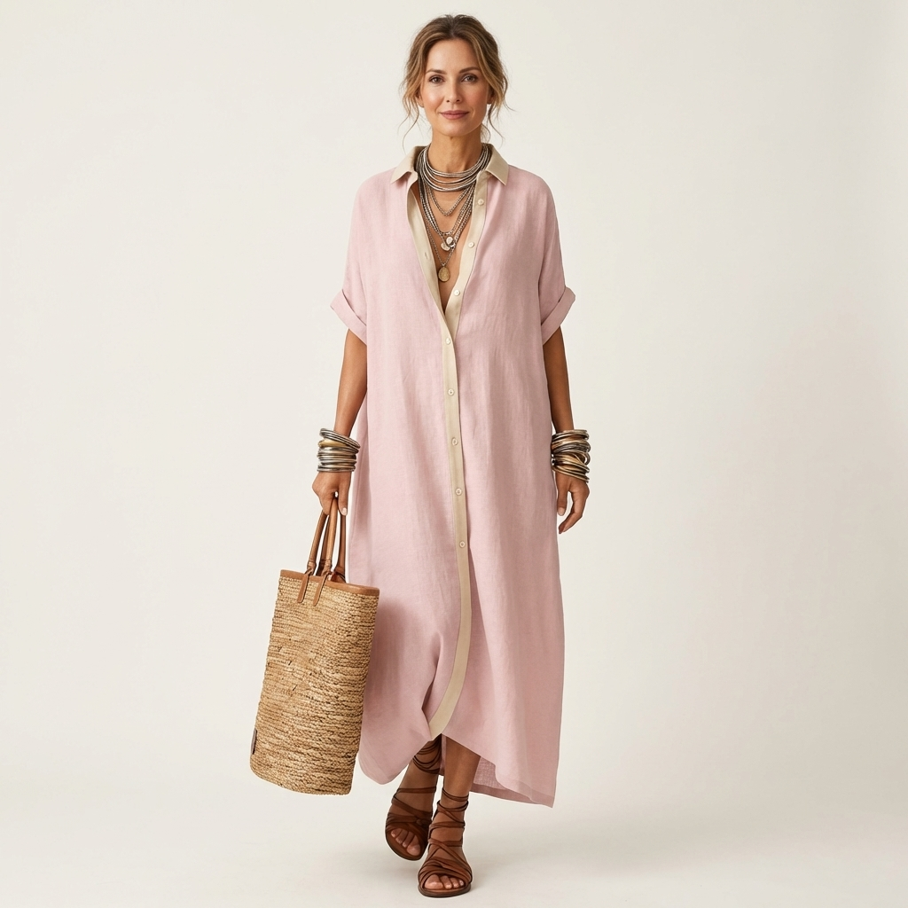Kamira | Camicia-vestito maxi con colletto a contrasto e chiusura frontale a bottoni, maniche corte
