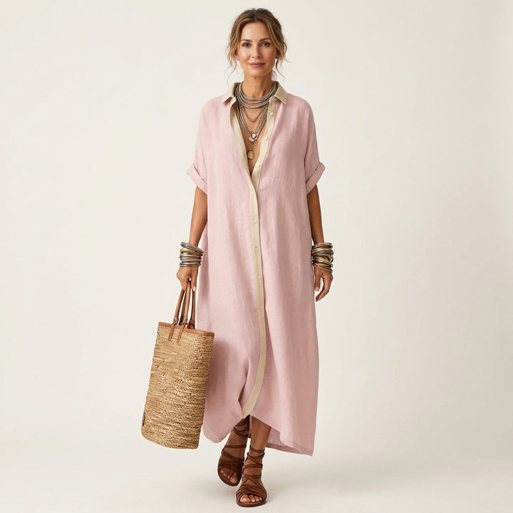 Kamira | Camicia-vestito maxi con colletto a contrasto e chiusura frontale a bottoni, maniche corte