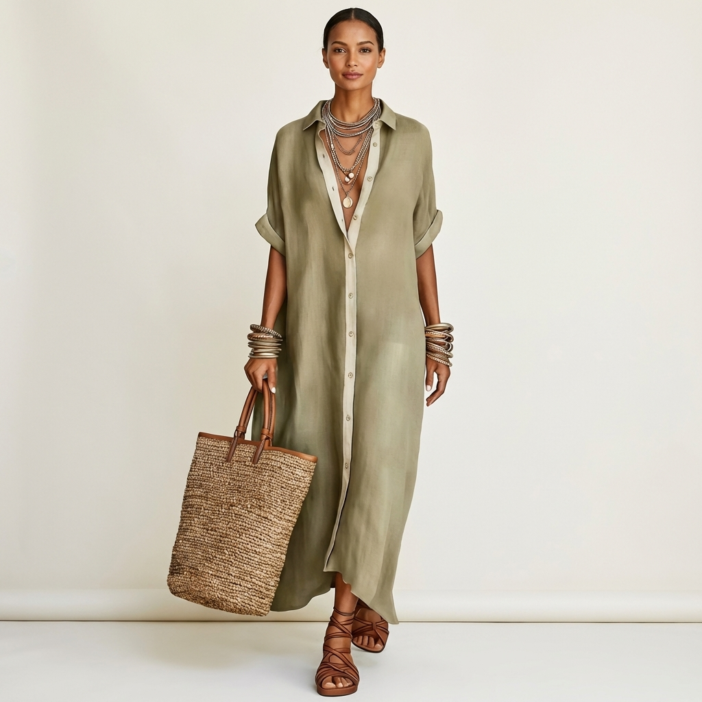 Kamira | Camicia-vestito maxi con colletto a contrasto e chiusura frontale a bottoni, maniche corte