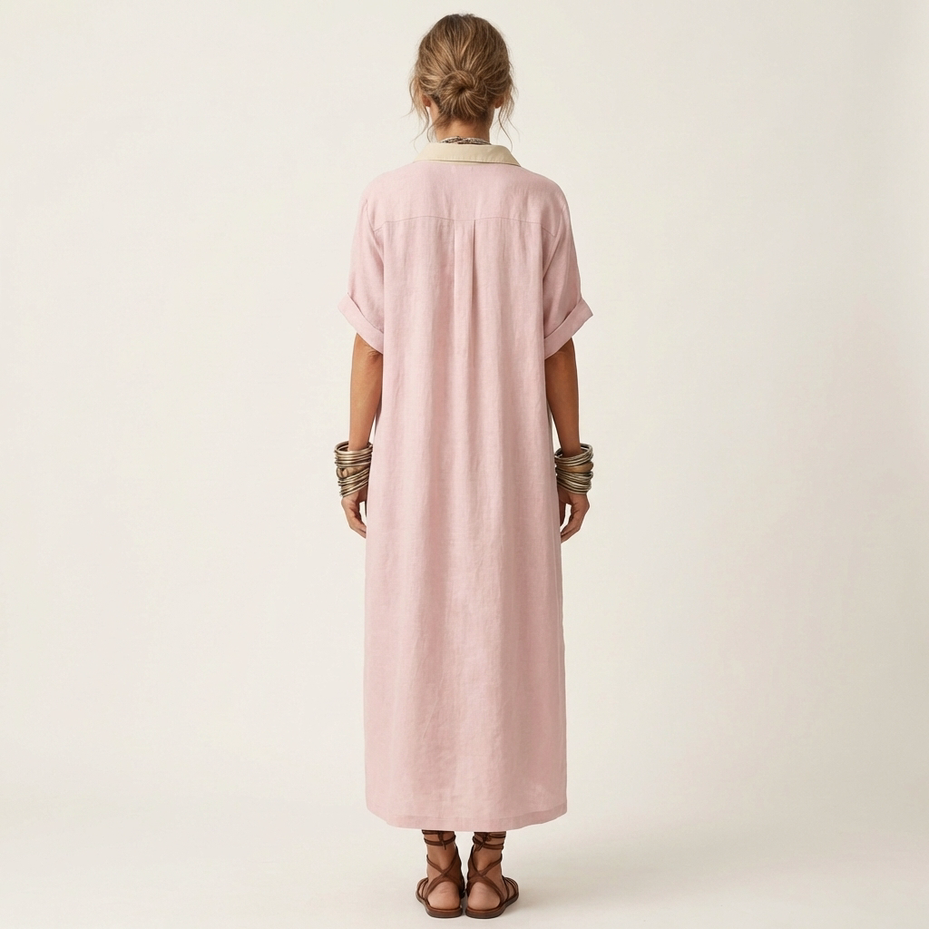 Kamira | Camicia-vestito maxi con colletto a contrasto e chiusura frontale a bottoni, maniche corte