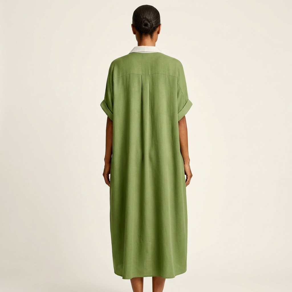 Kamira | Camicia-vestito maxi con colletto a contrasto e chiusura frontale a bottoni, maniche corte
