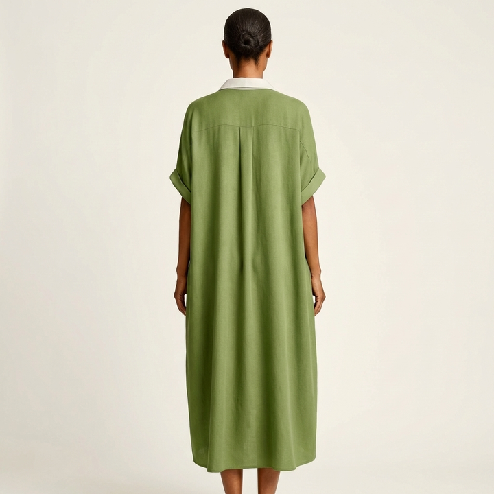 Kamira | Camicia-vestito maxi con colletto a contrasto e chiusura frontale a bottoni, maniche corte