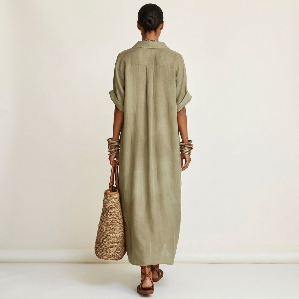 Kamira | Camicia-vestito maxi con colletto a contrasto e chiusura frontale a bottoni, maniche corte