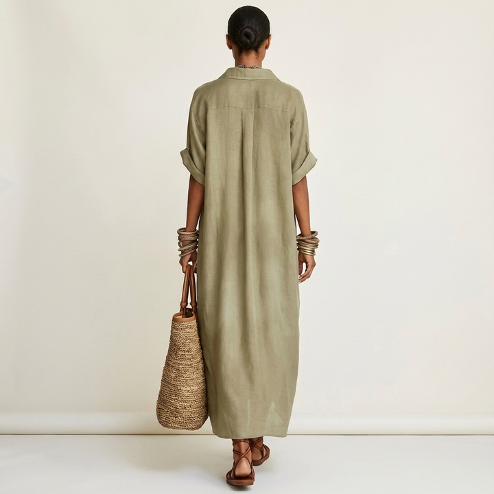 Kamira | Camicia-vestito maxi con colletto a contrasto e chiusura frontale a bottoni, maniche corte