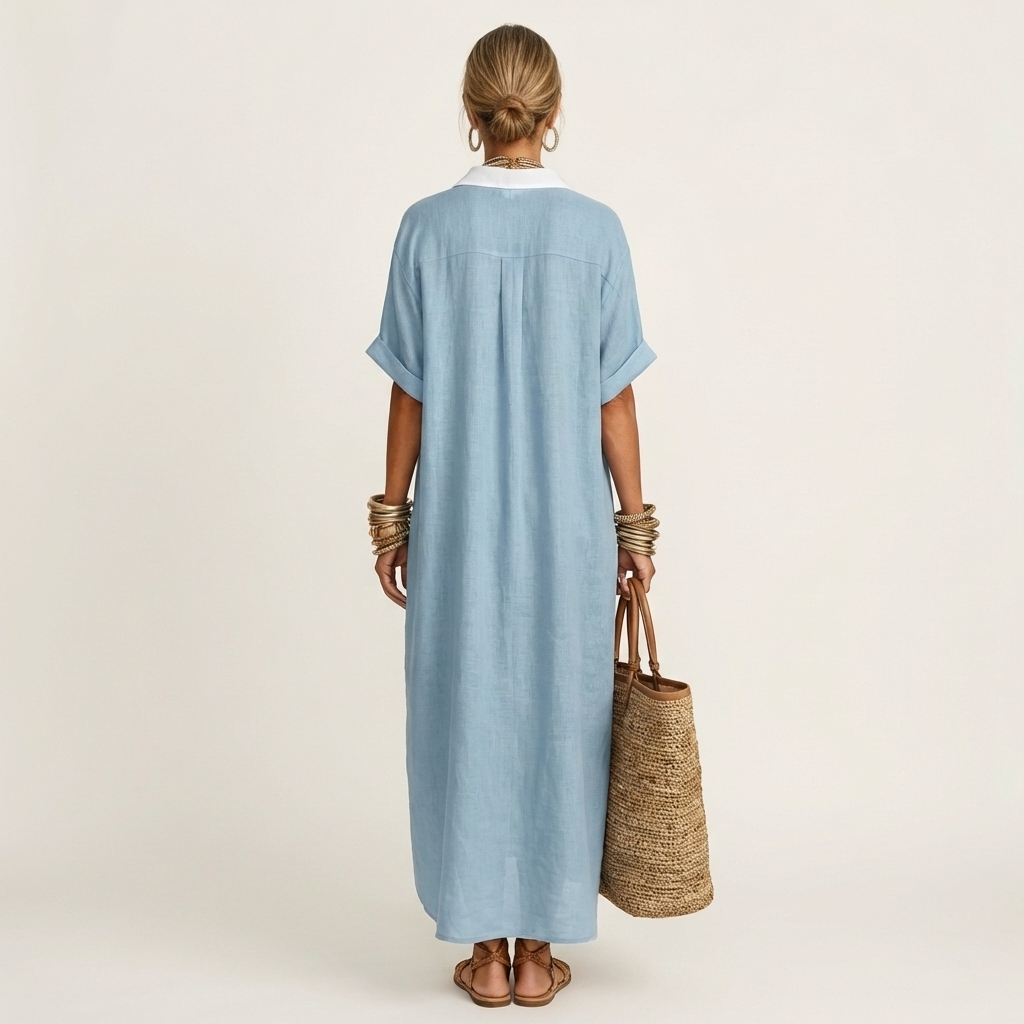Kamira | Camicia-vestito maxi con colletto a contrasto e chiusura frontale a bottoni, maniche corte