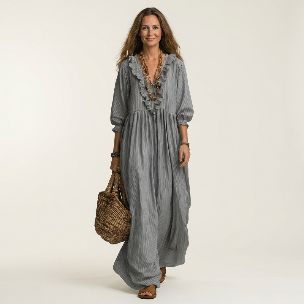 Yosetta | Vestito lungo a righe con scollo a V e volant, maniche lanterna