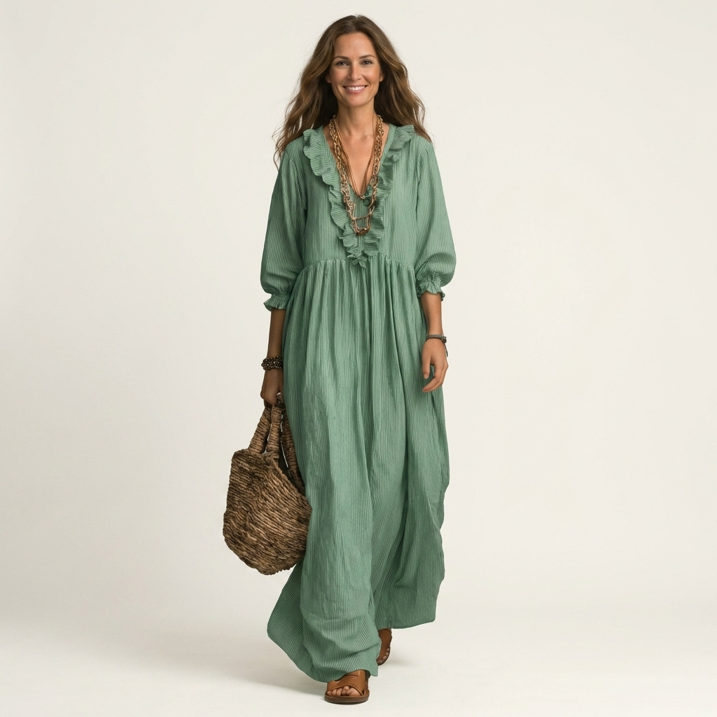 Yosetta | Vestito lungo a righe con scollo a V e volant, maniche lanterna