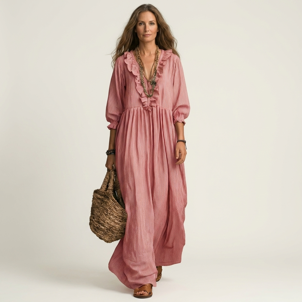 Yosetta | Vestito lungo a righe con scollo a V e volant, maniche lanterna