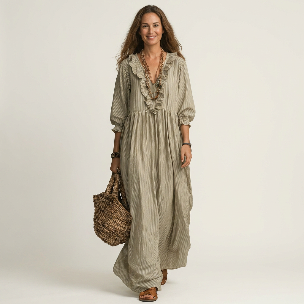 Yosetta | Vestito lungo a righe con scollo a V e volant, maniche lanterna