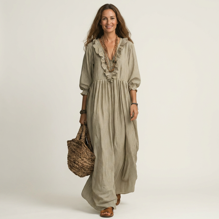 Yosetta | Vestito lungo a righe con scollo a V e volant, maniche lanterna