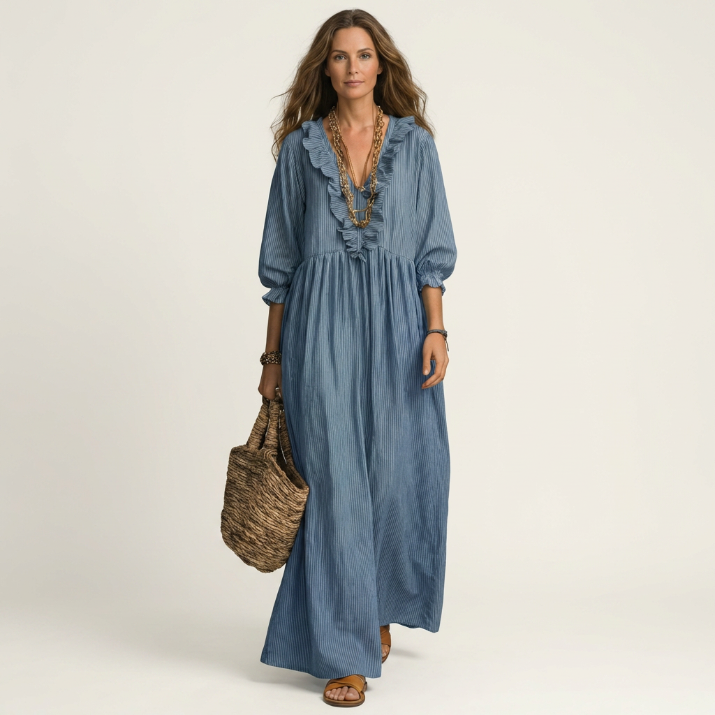 Yosetta | Vestito lungo a righe con scollo a V e volant, maniche lanterna