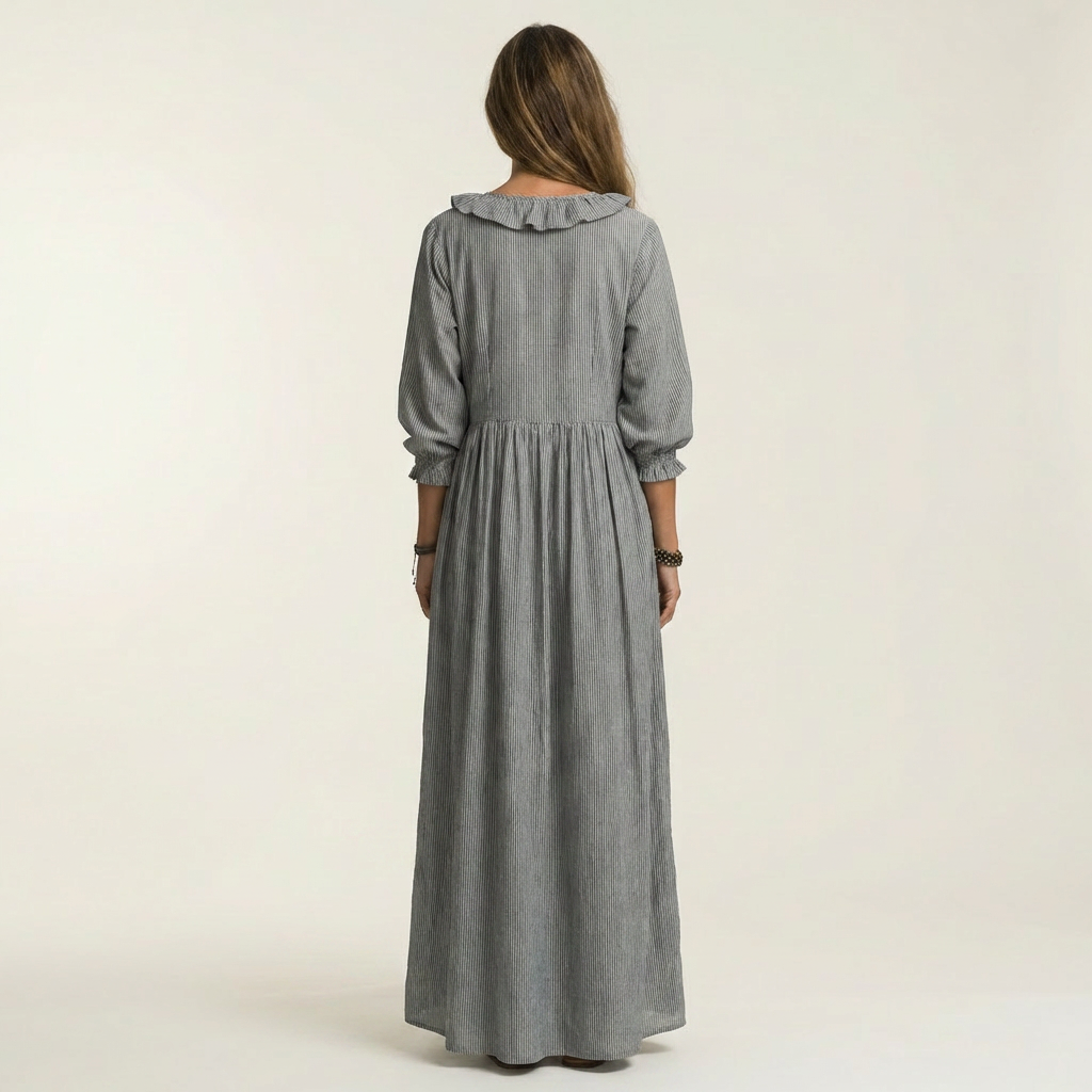 Yosetta | Vestito lungo a righe con scollo a V e volant, maniche lanterna