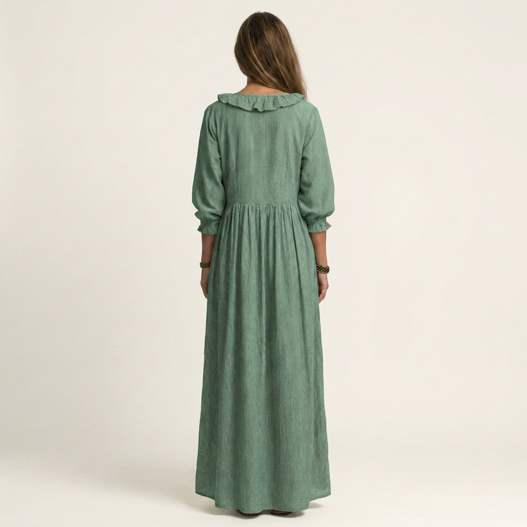 Yosetta | Vestito lungo a righe con scollo a V e volant, maniche lanterna
